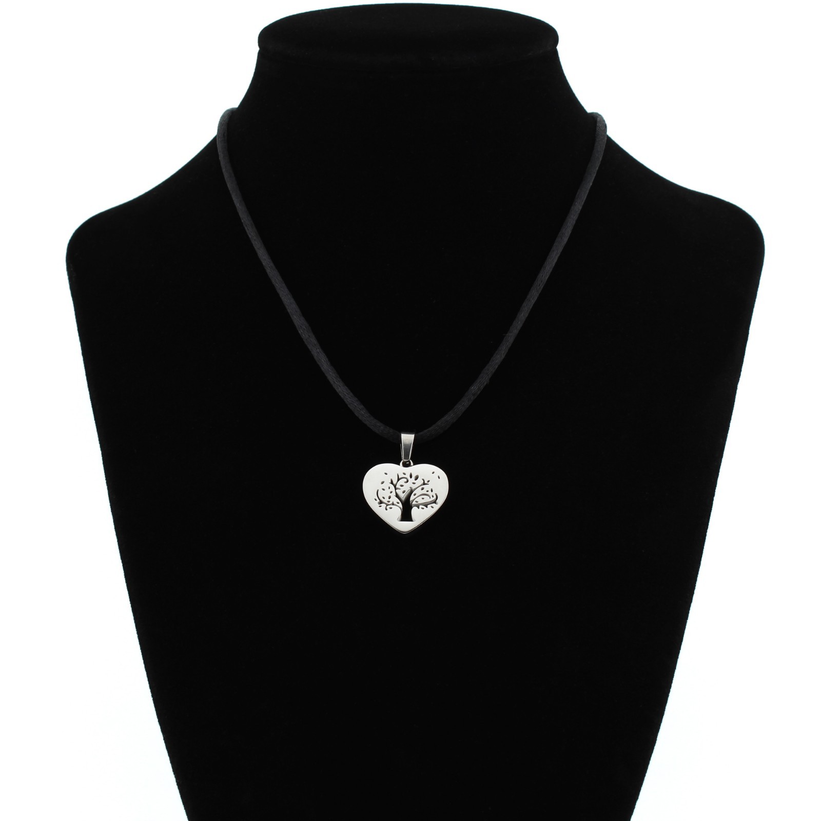 Stainless Steel Tree of Life Heart Pendant Necklace on Black Satin Silk Cord