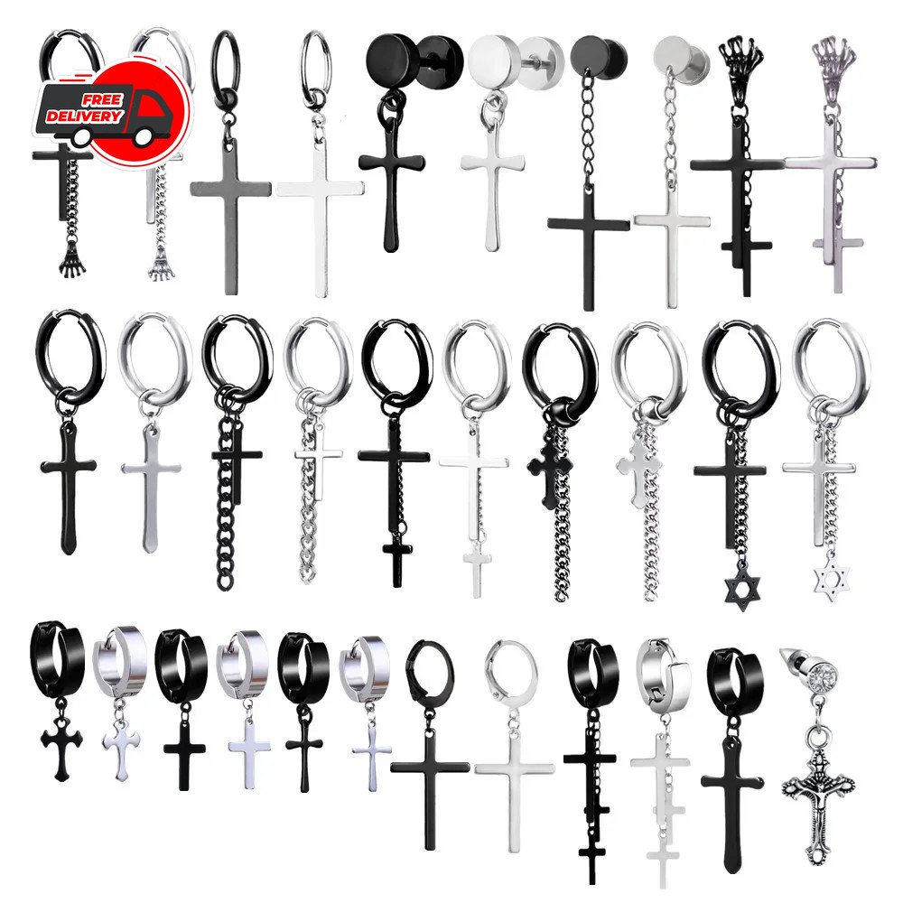 Punk Black Cross Stainless Steel Hoop Earrings for Women Men Fashion Vintage
