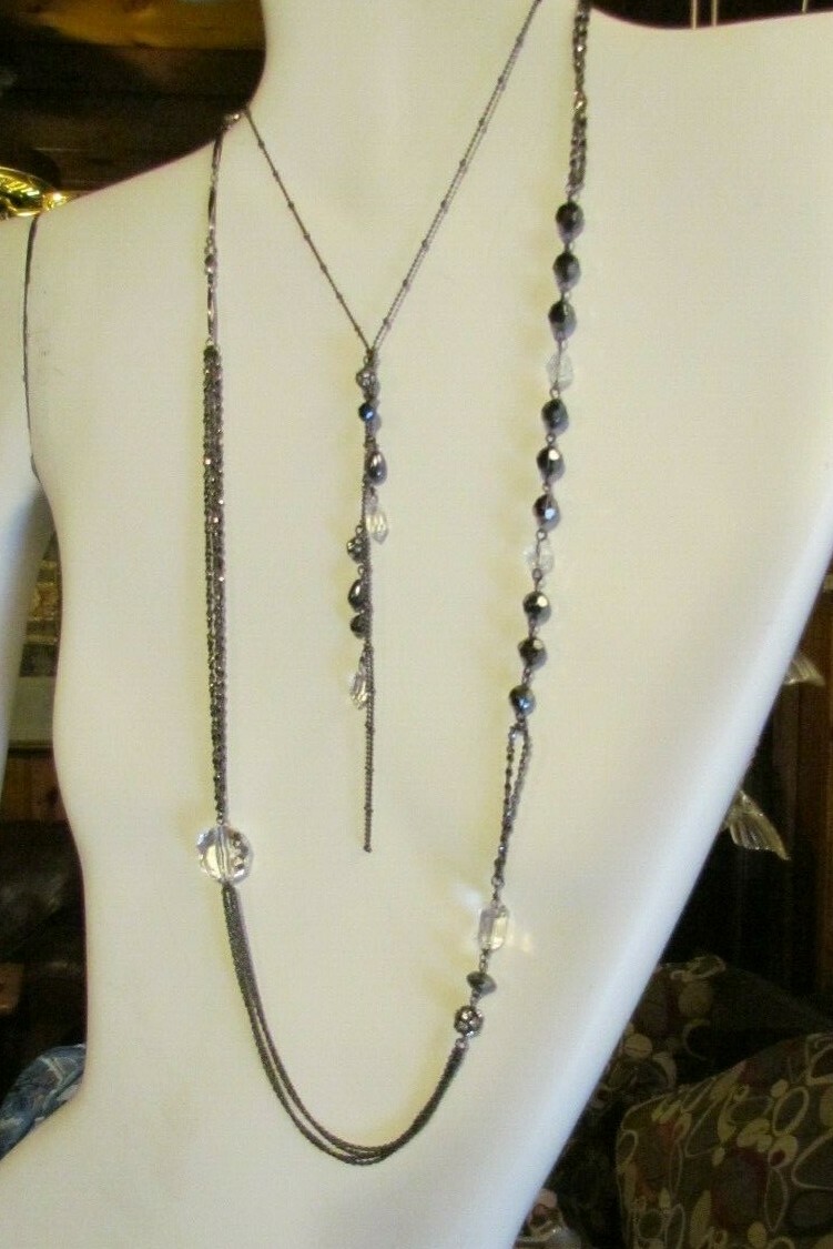 Flapper Style Necklace Black Bead Multi Chain DISCO BALL Hippie Dangle Necklace