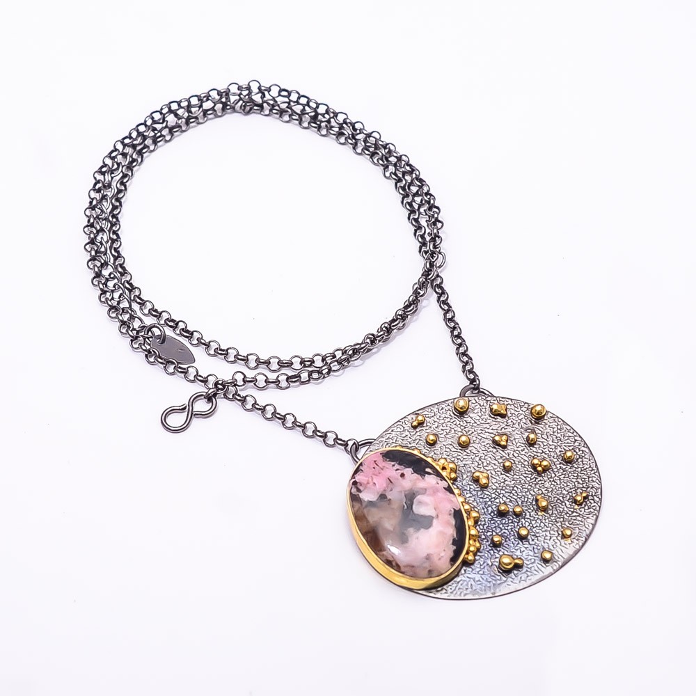 Black Manganese In Rhodonite & Gold Rhodium 925 Silver Tennis Necklace 19.99″ N7