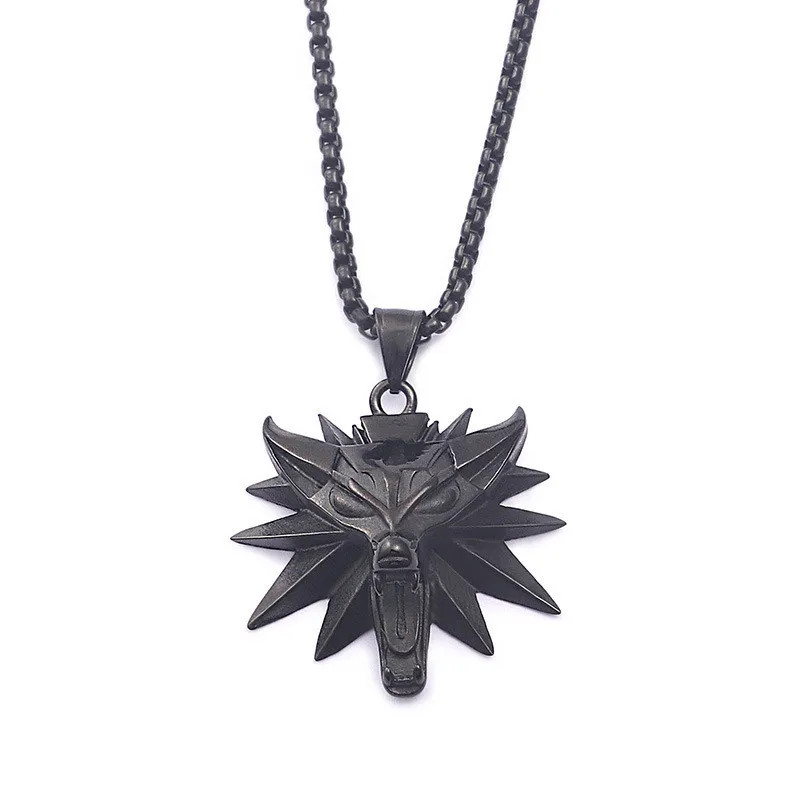 Men’s Pendant Witcher Punk Head Necklace Wolf Rock Biker Jewelry Chain 24″ Gift