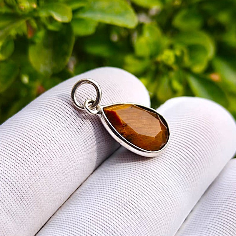 Natural Tiger’s Eye Gemstone Pendant 925 Sterling Silver Handmade Charm Jewelry