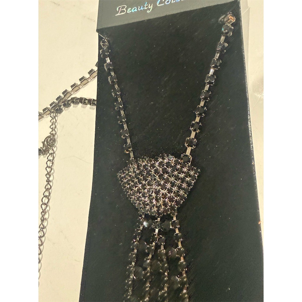 Beauty Collection Necklace Black Unique Crystal Rhinestone Necktie Statement