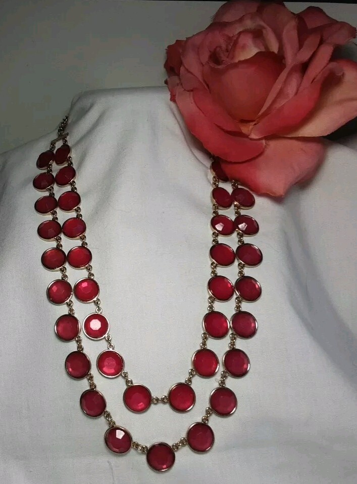 Necklace Gold Tone Red Double ( 2) Gradual Strands Faceted Disks Adj