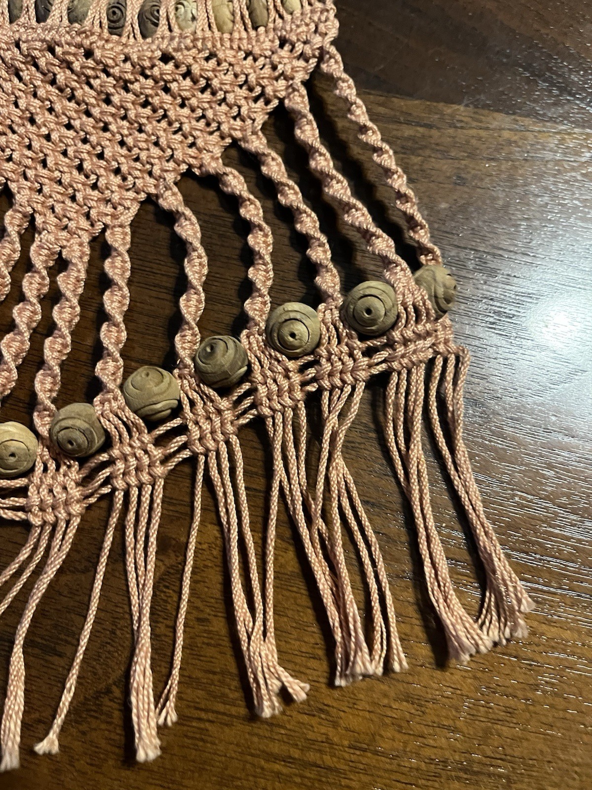 VTG Boho Macrame Bib Statement Necklace Wood Bead Fringe Collar Gold Hoop 5”