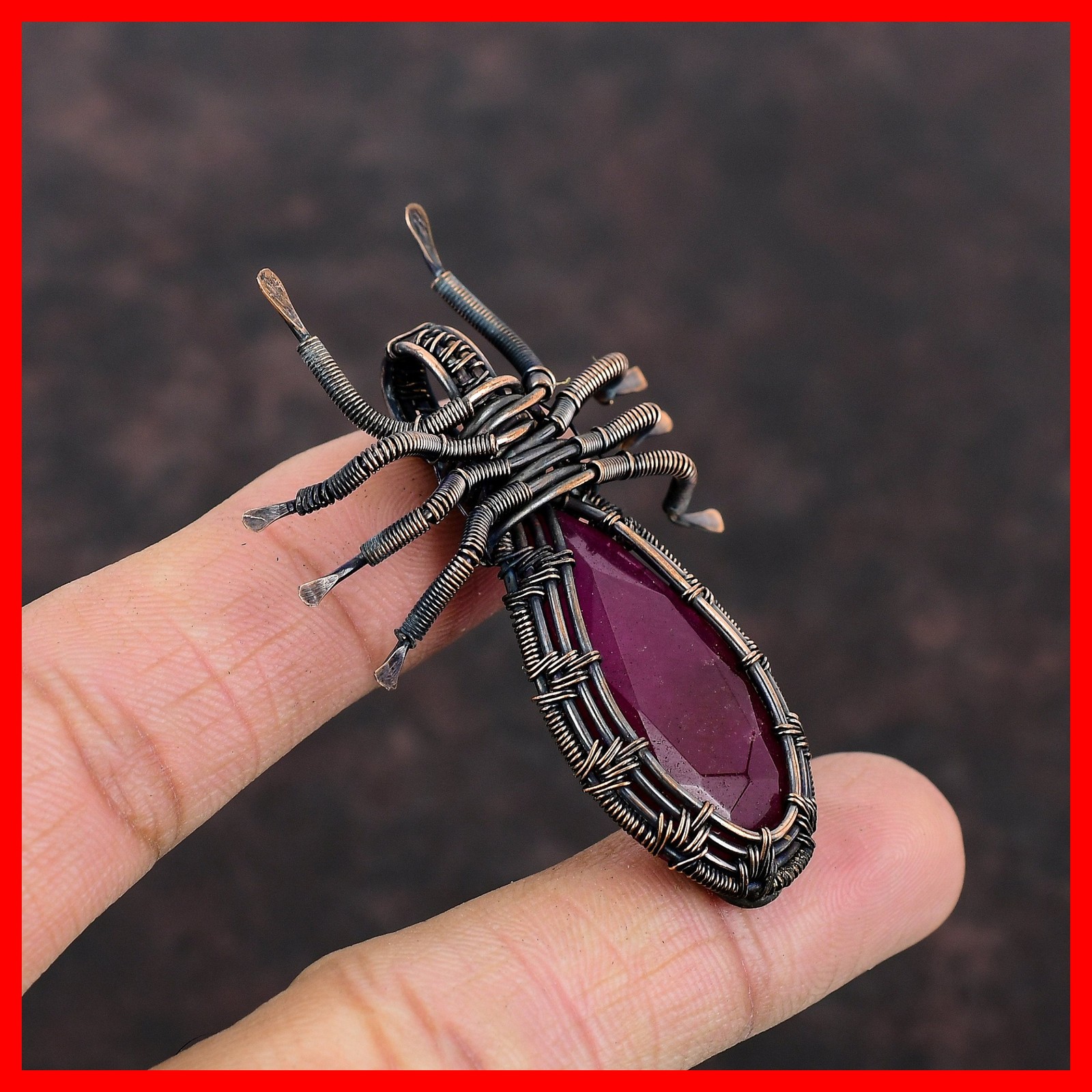 Copper Kashmir Rubi Stone Spider And Wire Wrapped Trendy Daughter Ethnic Pendant