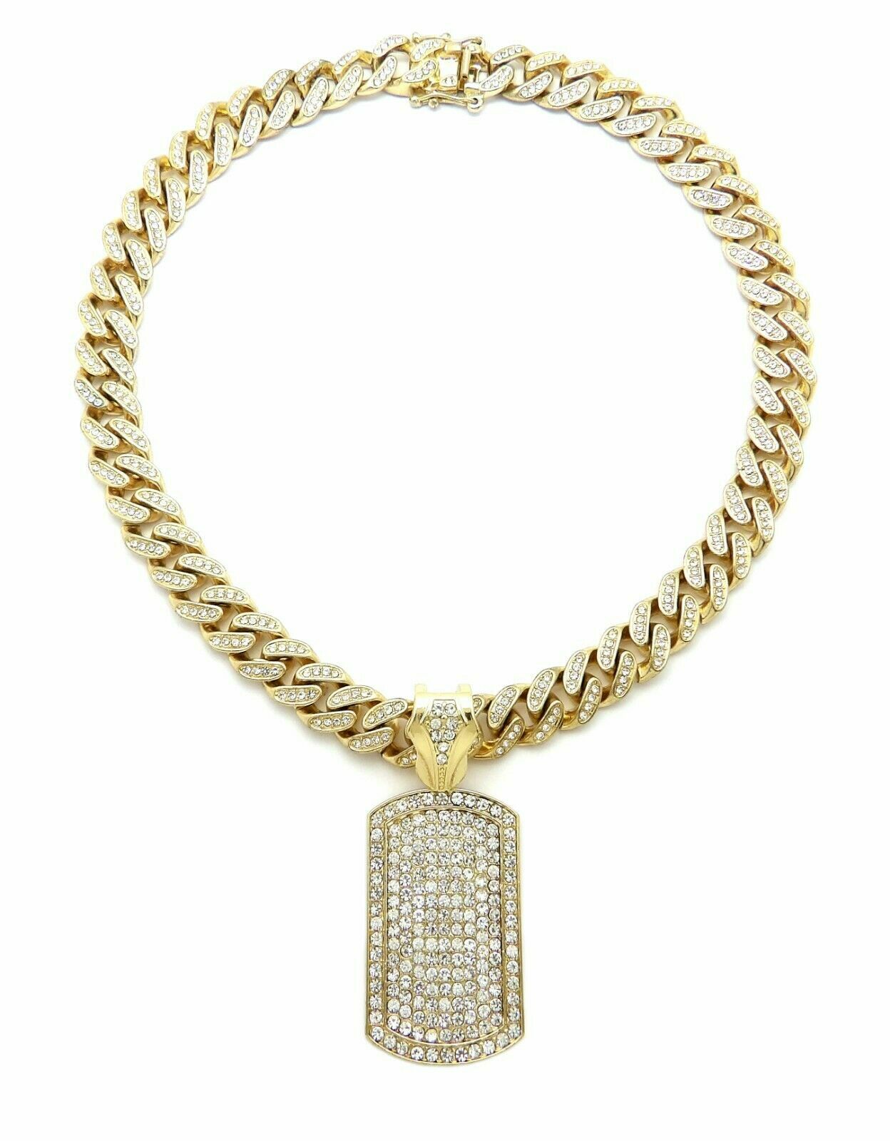 Hip Hop Dog Tag pendant & 18″ Box Lock Iced Miami Cuban Choker Chain Necklace
