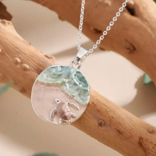 Beach Sea Turtle Necklace Pendant Silver Chain Summer Jewelry Ocean Scene Charm