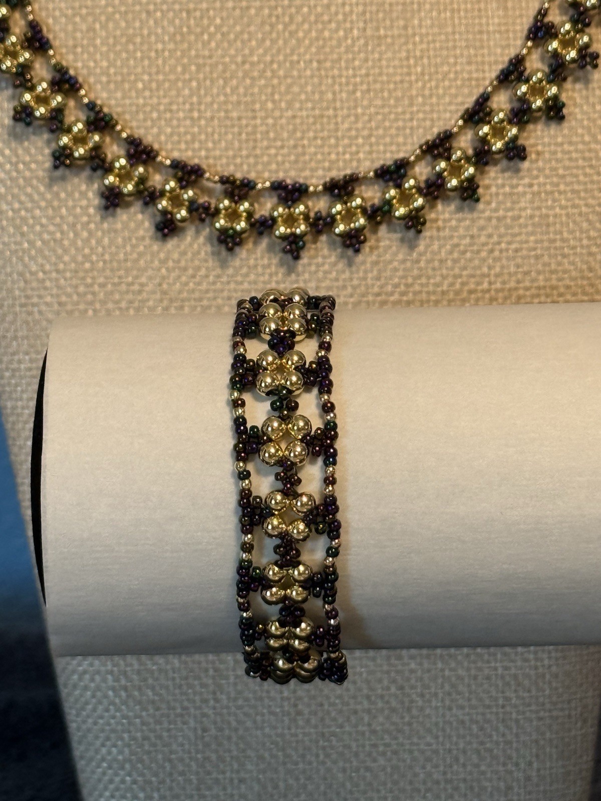 Handcrafted Gold Plated & Purple Variegated Bead Necklace Bracelet Earrings Set