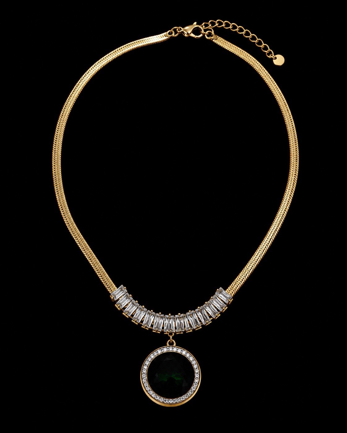 Gold Tone Snake Chain Necklace Green Round Bezel Pendant Adjustable Lobster