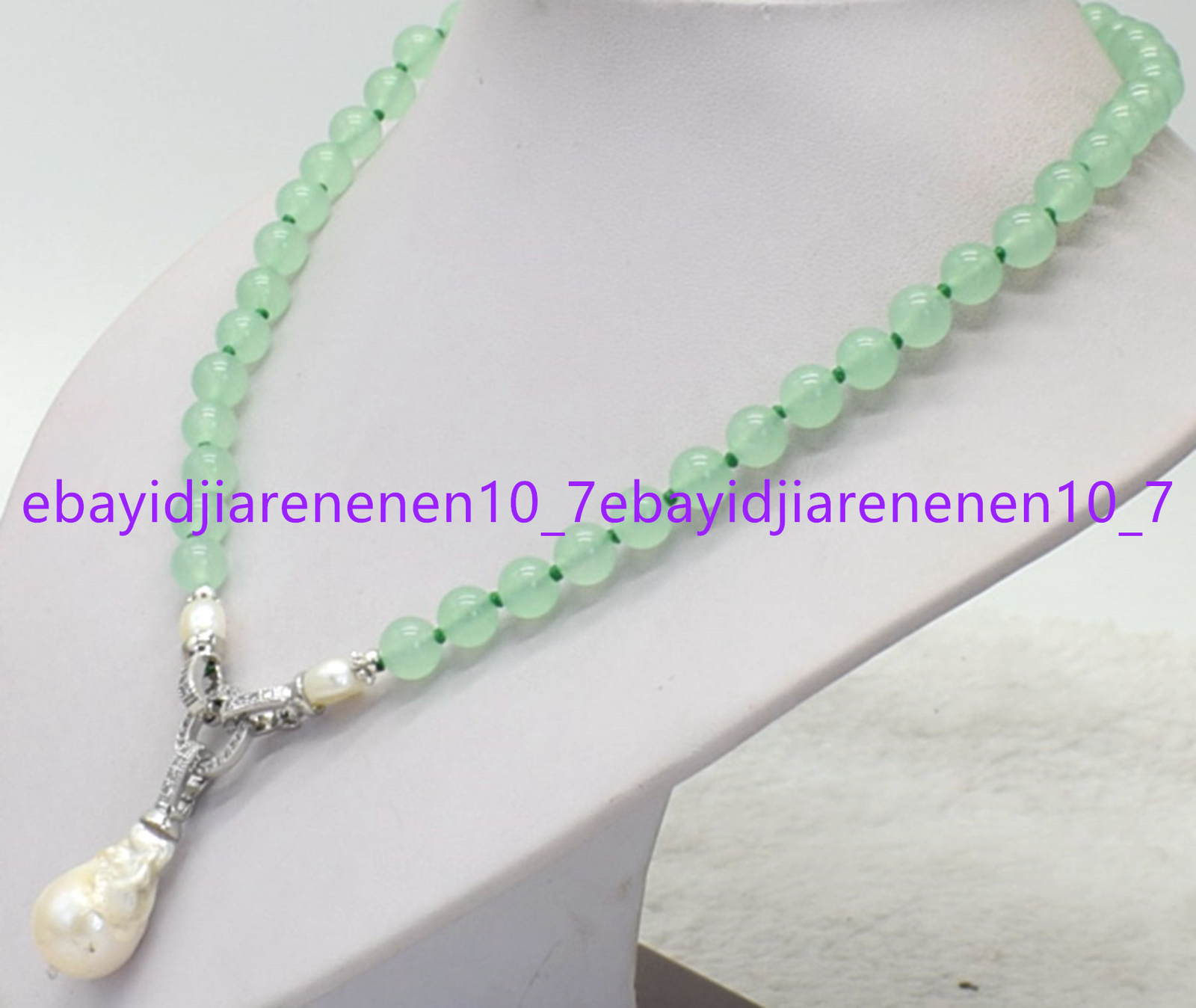 Natural 8/10/12mm Light Green Jade&White Baroque Pearl Pendant Necklace 16-28 in