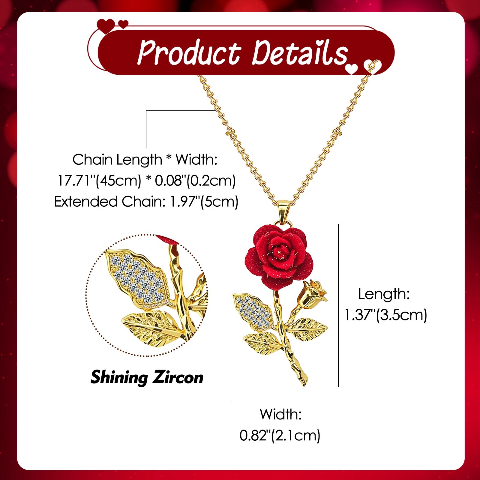 Valentine’s Day Women’s Red Velvet Rose CZ Pendant Promise Necklace ldeal Gift
