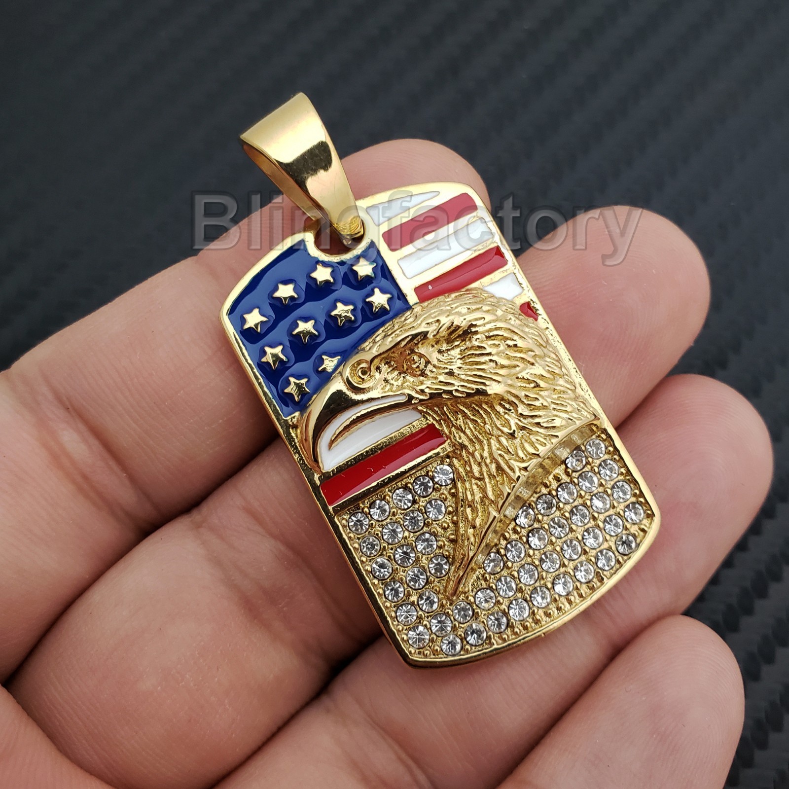 Iced Stainless steel American Flag Eagle Dog Tag Gold & Silver Tone Pendant