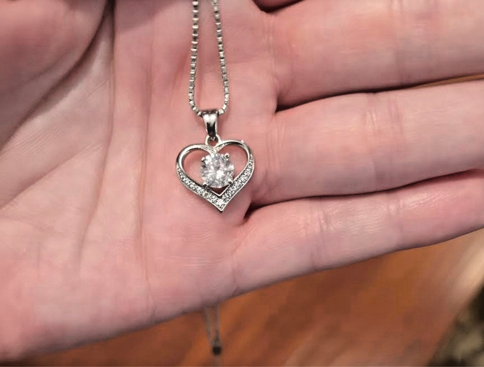 Cubic Zirconia Heart Pendant Necklace | Stainless Steel 16″ Venetian Box Chain