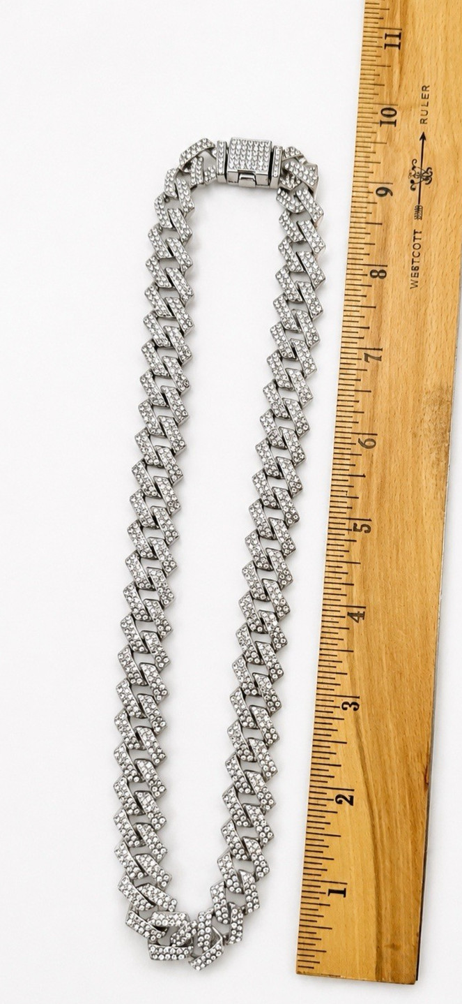 Silver Tone Pavé Bling Crystal Rhinestone Cuban Link Necklace 20″ NWOT
