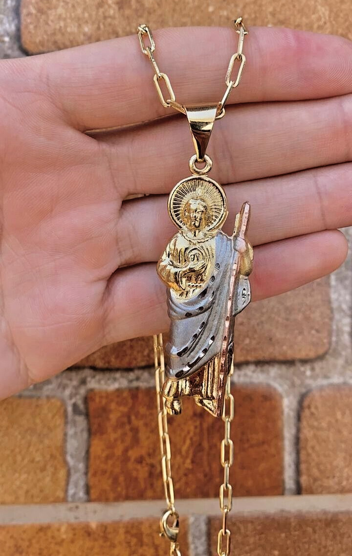 San Judas Necklace 20″ Paper Clip Chain 14K Gold Filled Jewelry Religious Adults