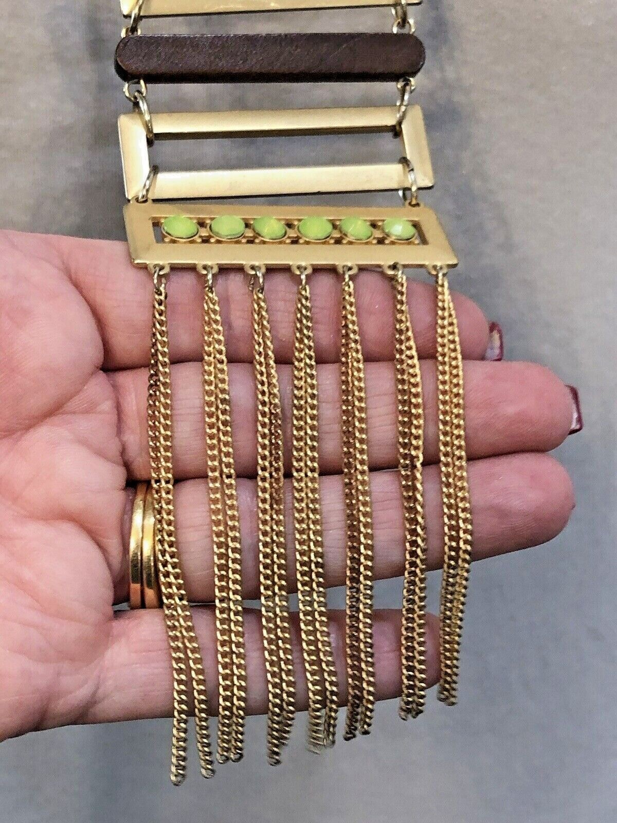 Gold Tone Geometric Fringe Pendant Necklace Wood Chartreuse Green Statement Boho