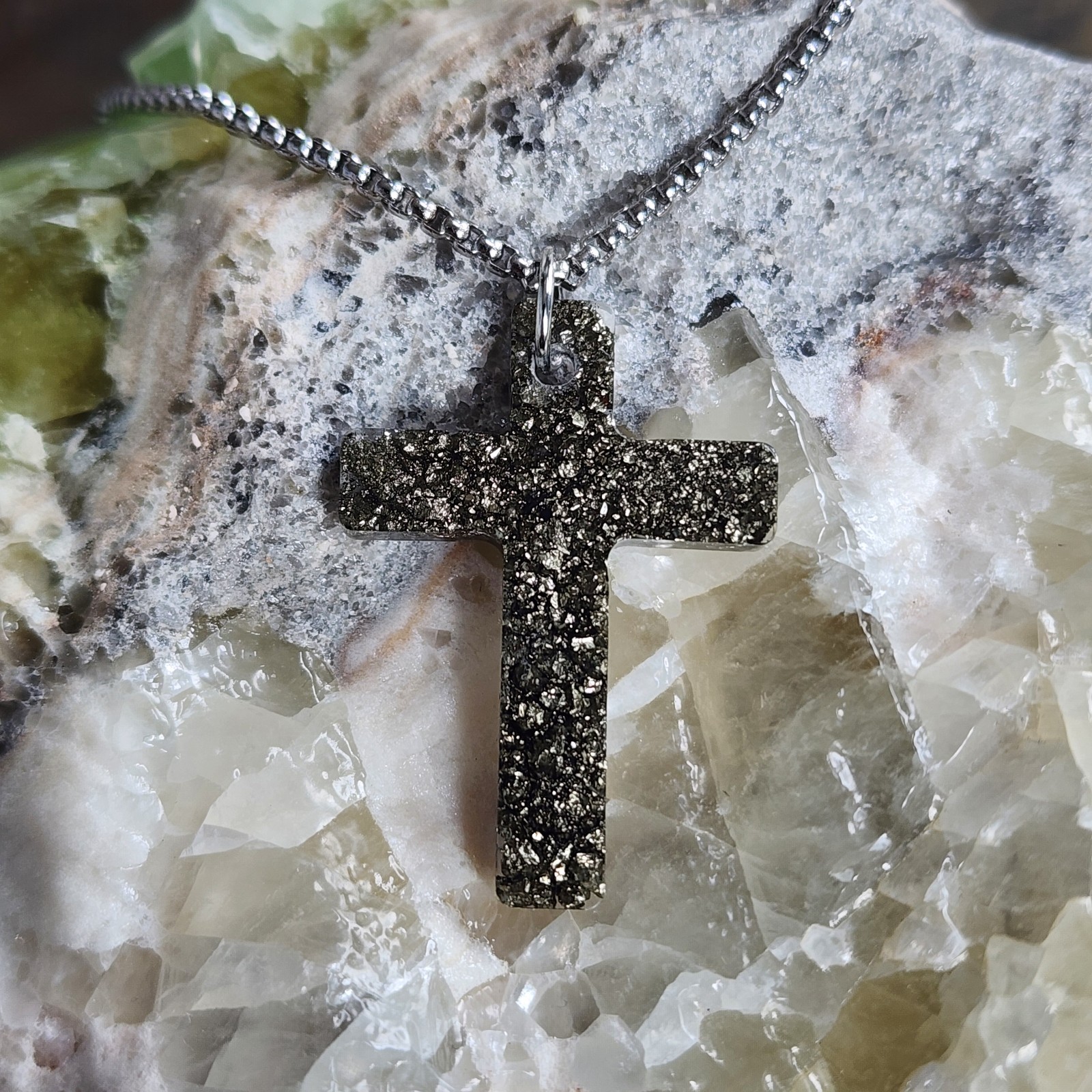 Handmade Pyrite Cross Pendant Necklace Resin Cross 50cm Stainless Steel Chain