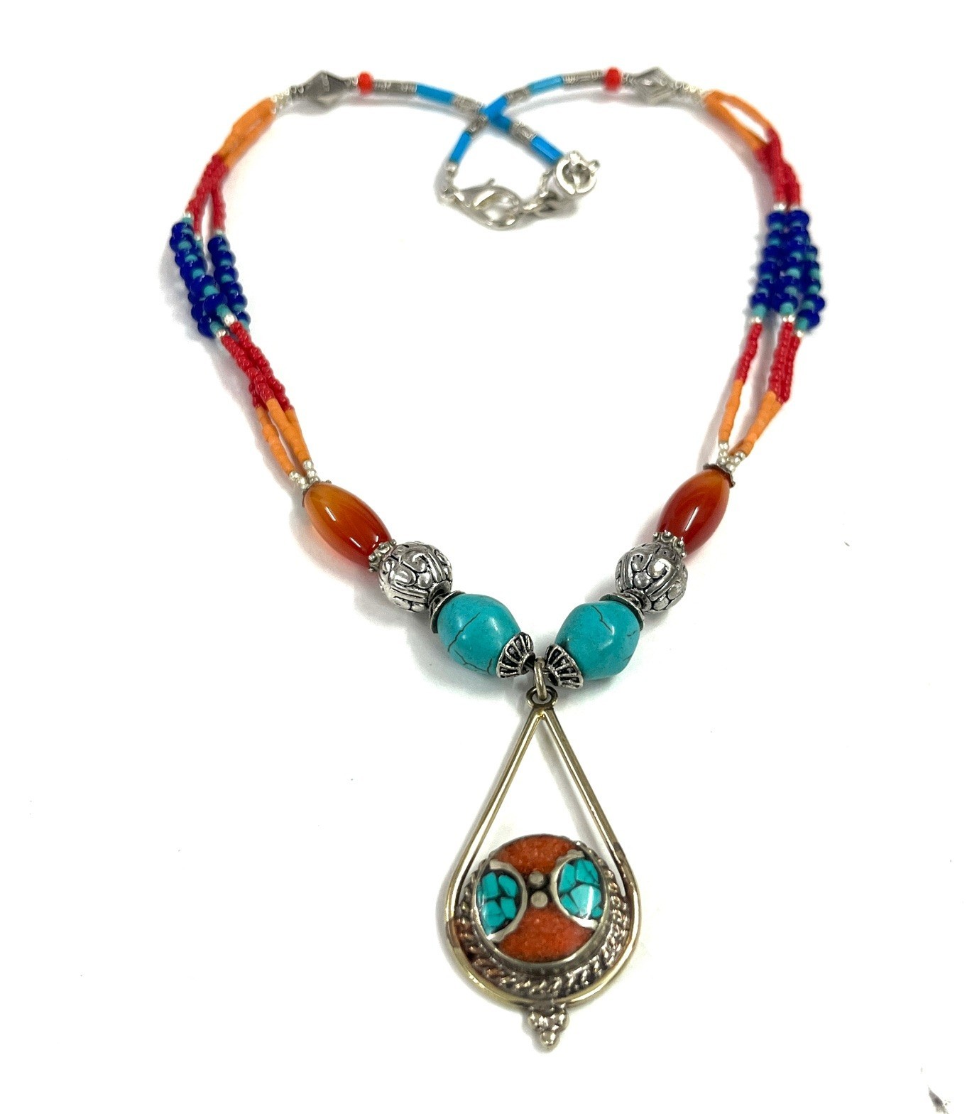 Carnelian Turquoise Coral Gemstone Tibetan Boho Necklace Jewelry, 18 Inc Adjs