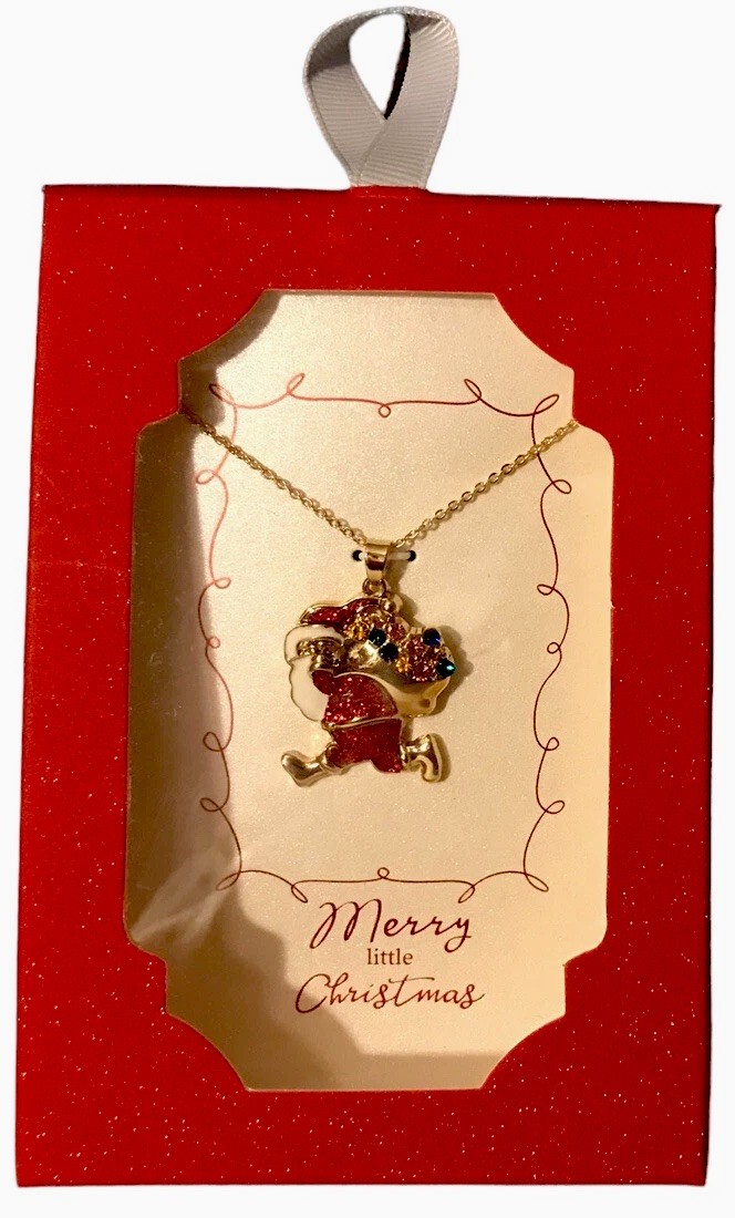 Holiday Time Necklace with a Christmas Santa Charm with Green Rhinestones