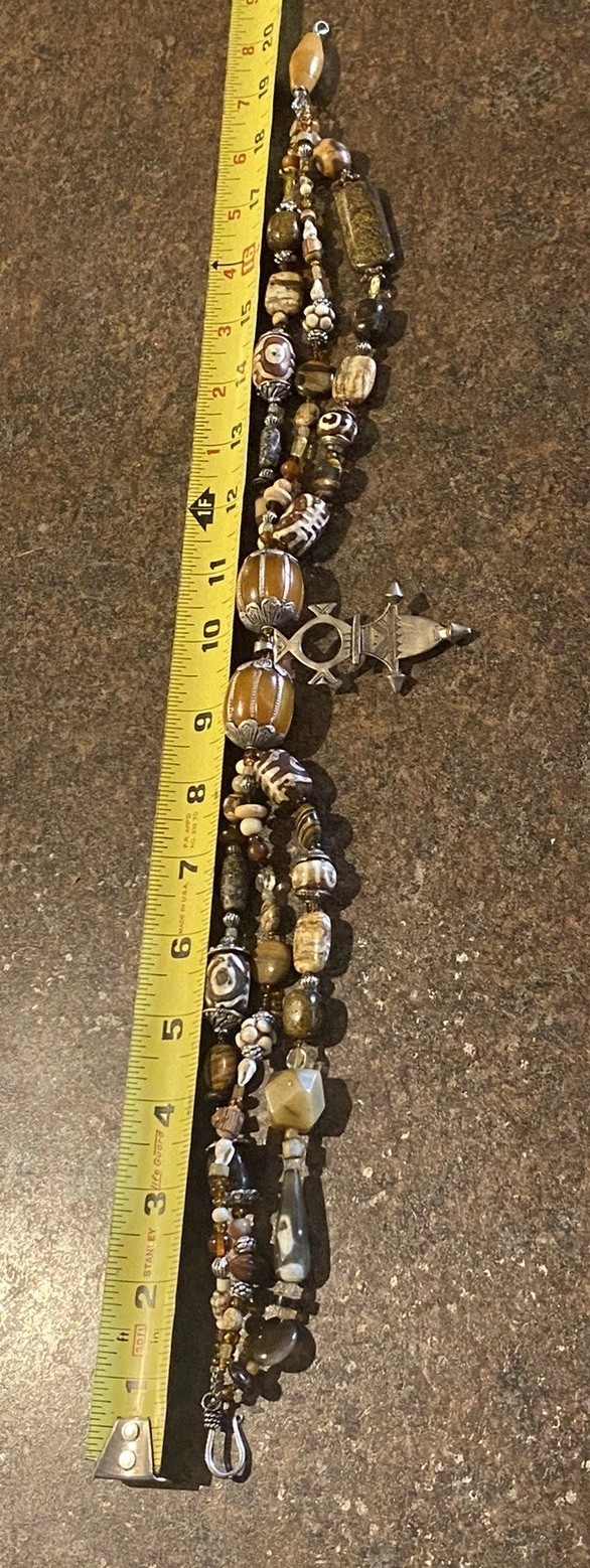 Global Trade Bead Necklace Amber Gemstone DZI Shell Glass Tuareg Cross Pendant