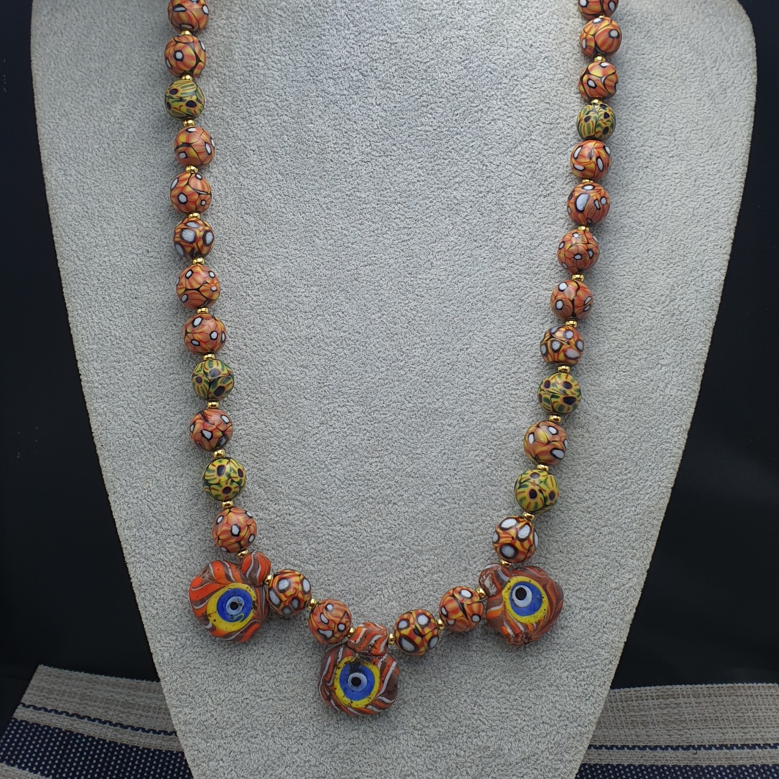 Vintage Venetian Style Eyes Glass with Old 3 Eyes Glass Beaded Necklace