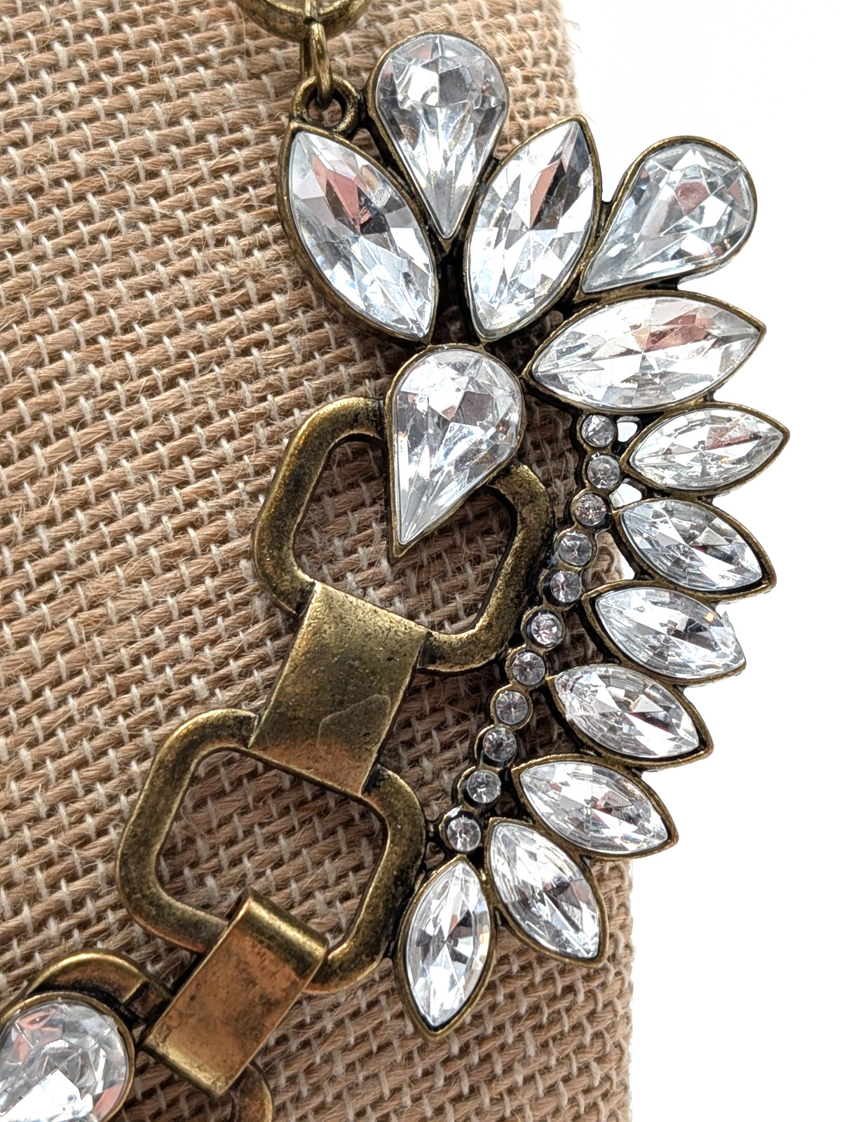 Antique Bronze Tone With Big Colorless Rhinestone Statement Necklace