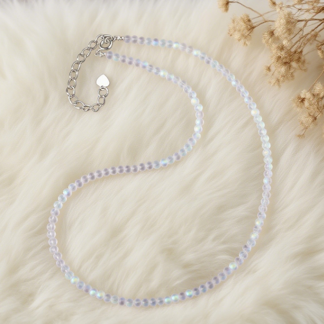 Angel Aura Quartz Necklace 4mm Dainty Iridescent Bead Choker Minimalist Gift