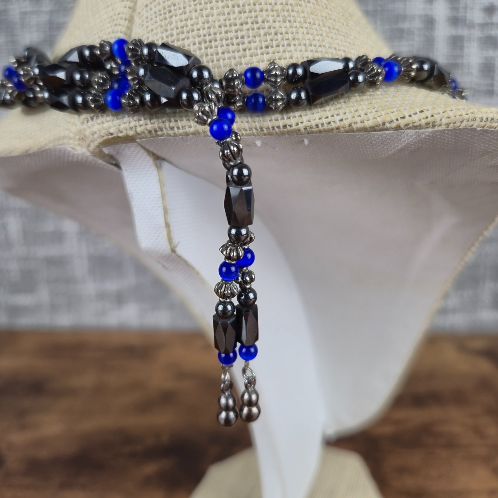 Hematite Magnetic Blue Black Beaded Wrap Bracelet Necklace Versatile Long 44″Vtg
