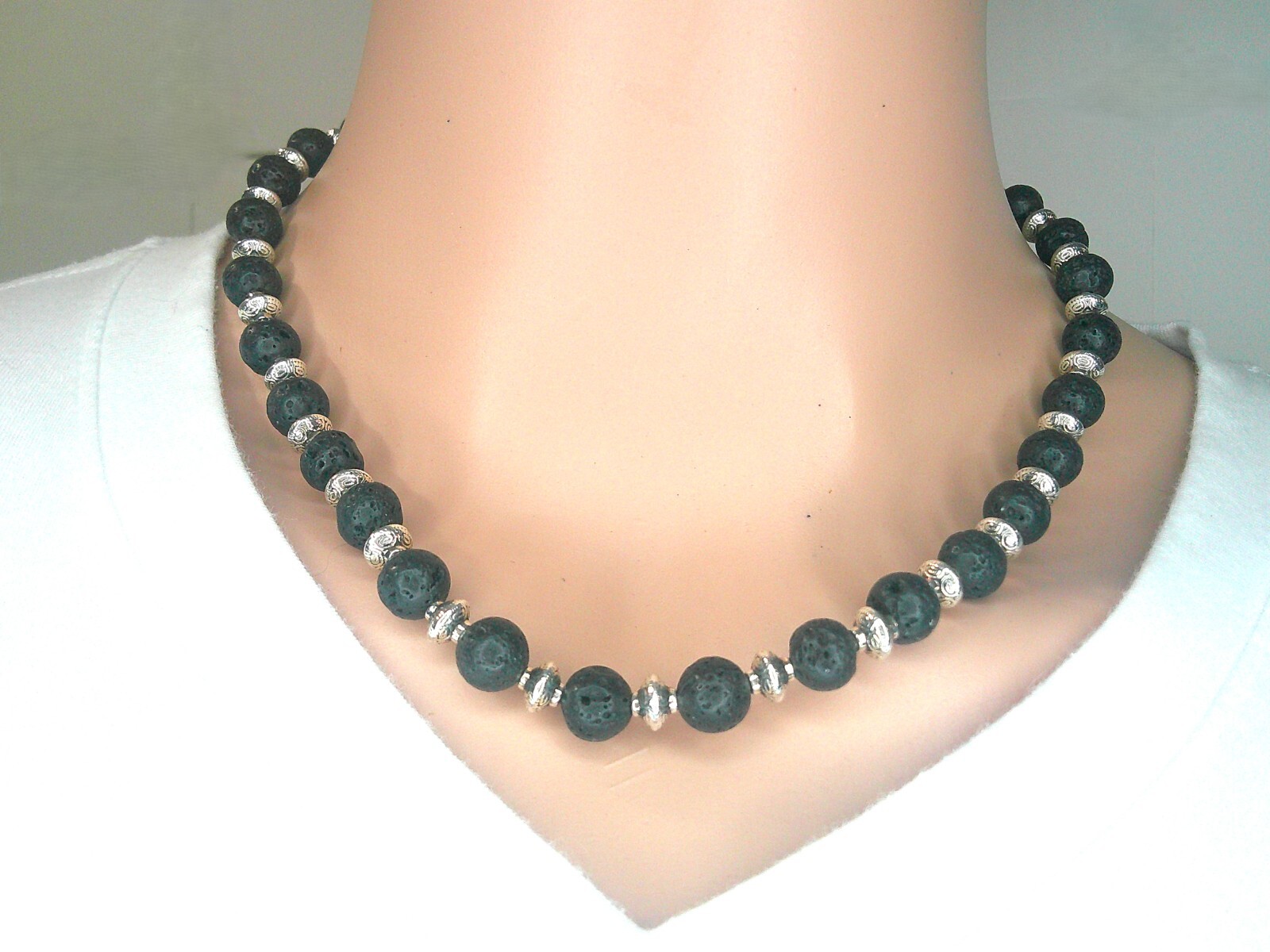 Lava Rock Bead Necklace Silver-finish Accent Handmade Stylish Choker
