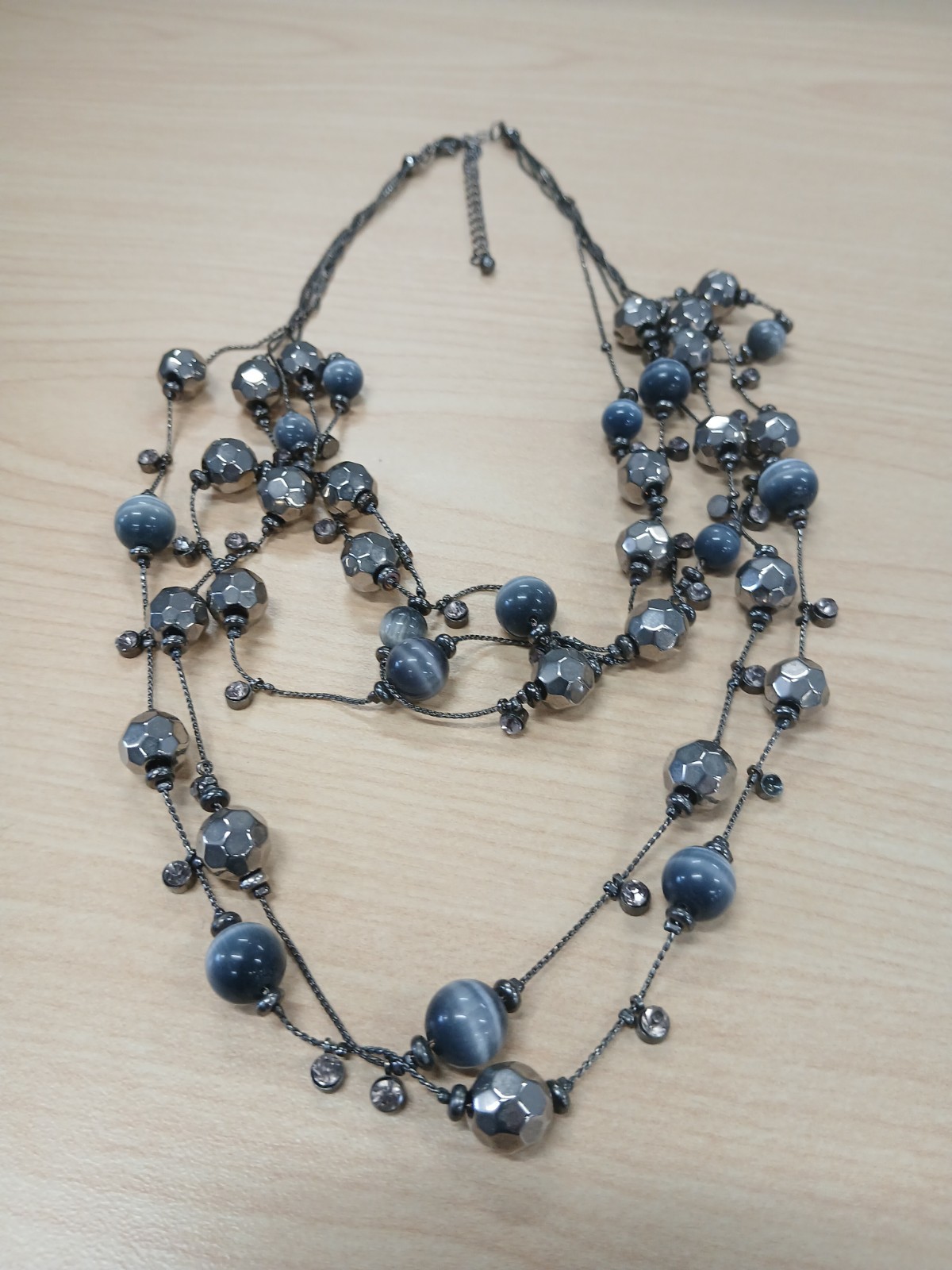 Layered Gray Glass Beaded Necklace Round Beads Silver Tone Lobster Clasp Adj
