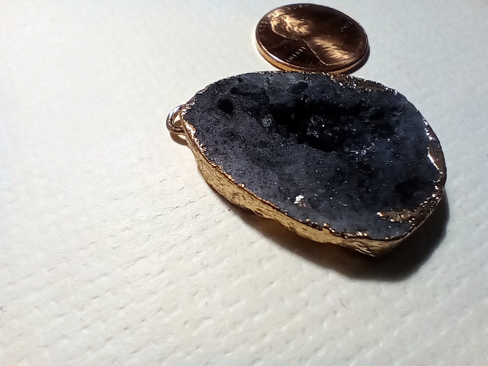 Gilded Edge Druzy Natural Black Stone Pendant Charm 32mm x 24mm FREE SHIP A-3