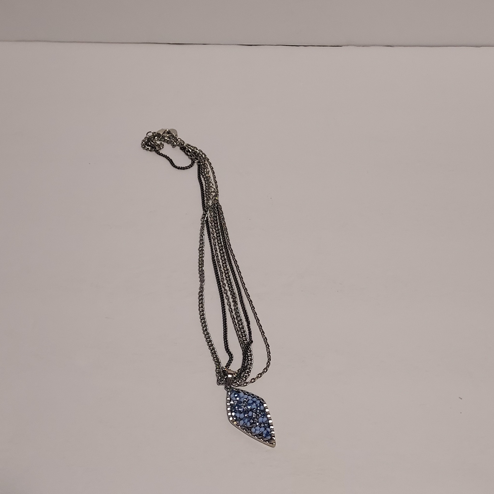 Blue Beaded Diamond Shaped Necklace Pendant With Multiple Chains 12 Inches