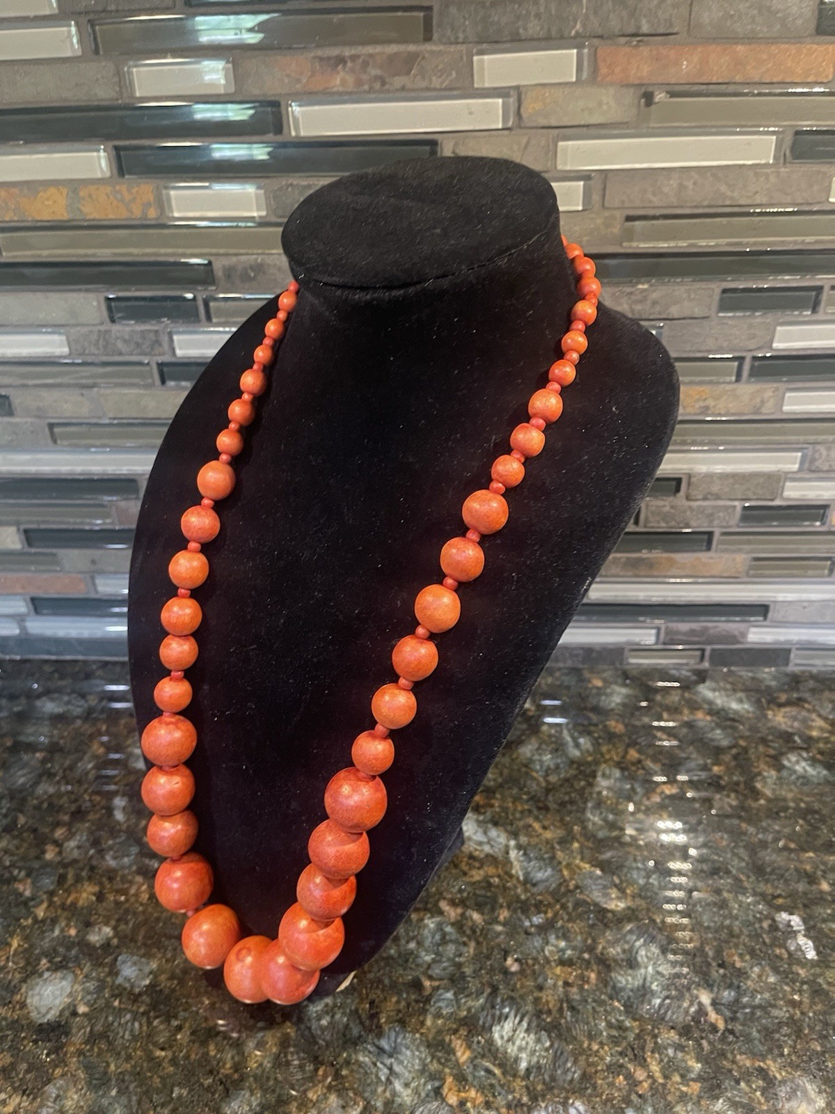 Graduated Orange Wooden Bead Statement Necklace Boho Chunky Retro Fashion 30”