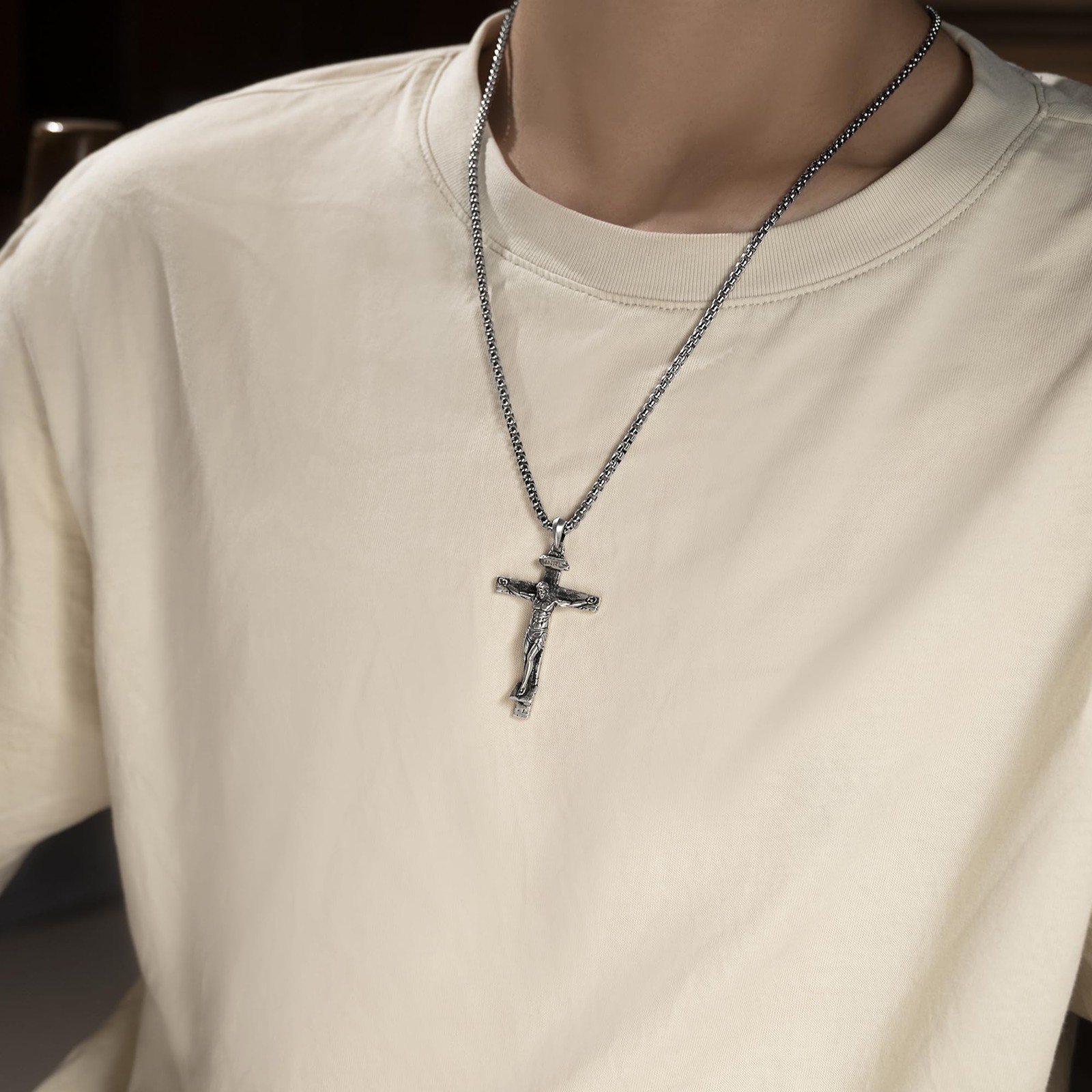 Sterling Silver Crucifix Pendant Necklace for Men Jesus Cross Necklace for W