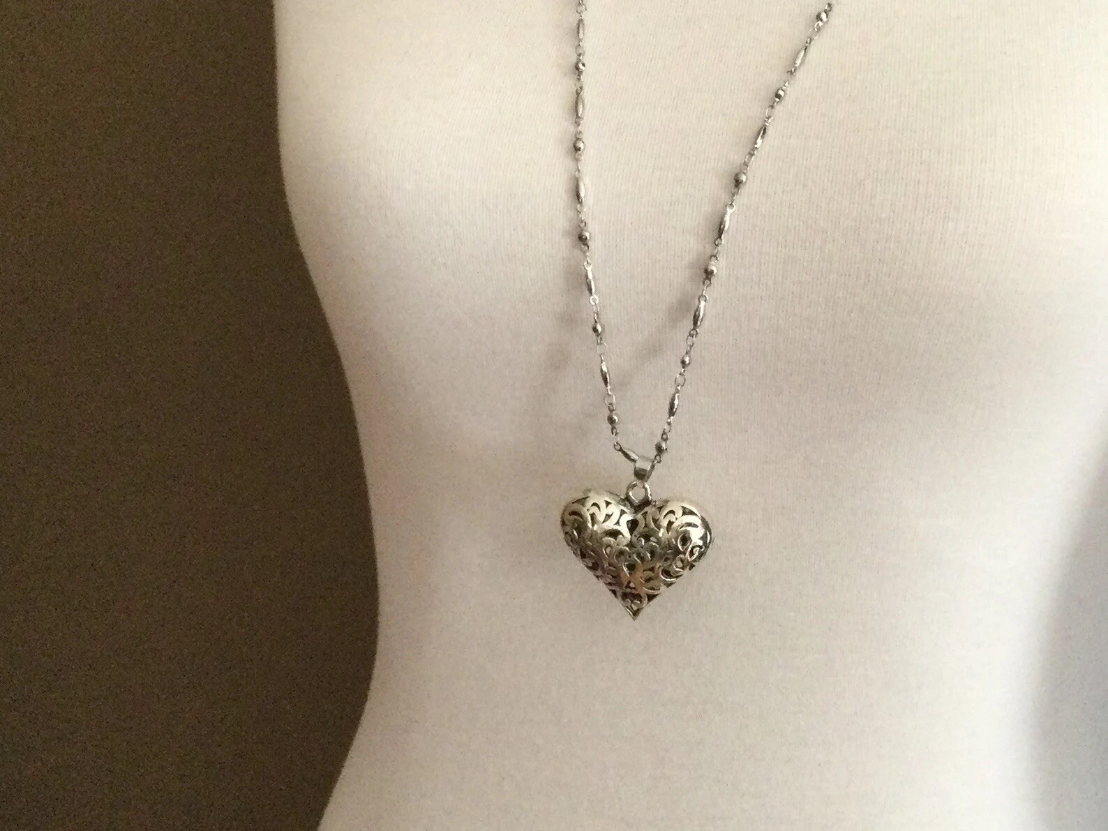 NEW Extra Long filigree heart necklace with beaded Chain 34” and Toggle Clasp