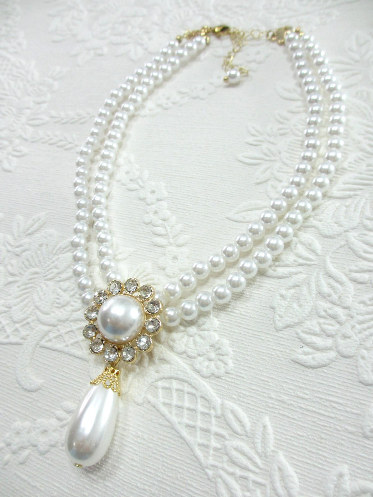 Pearl Teardrop Choker Necklace Rhinestone Pendant Bridal Victorian Elegant 15in