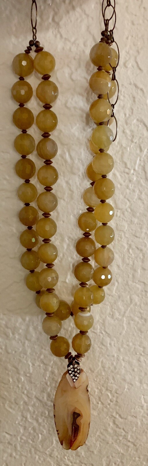 Artisan Made Agate Pendant Chunky Necklace With Hand Knotted Beads Golds Browns