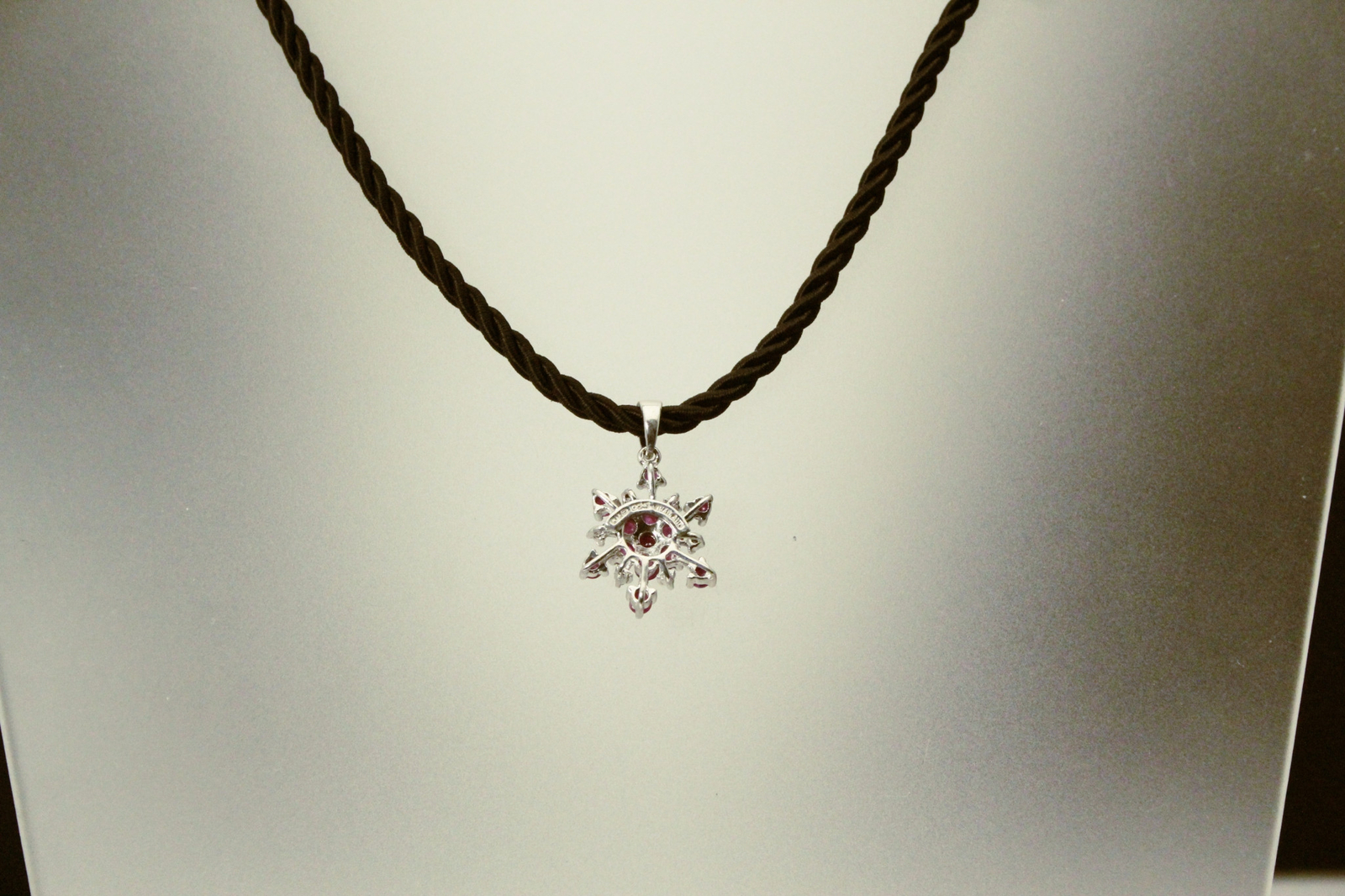 Red Ruby & Diamond Chips Snowflake Sterling Pendant Black Cord 5.4g (NEC5716)
