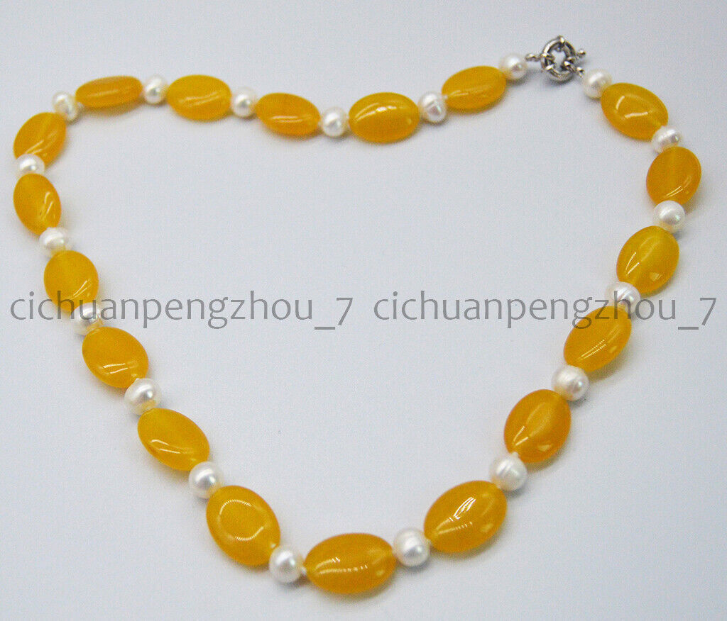 Natural 7-8mm White Freshwater Pearl 13x18mm Oval Yellow Topaz Necklace 14-36”