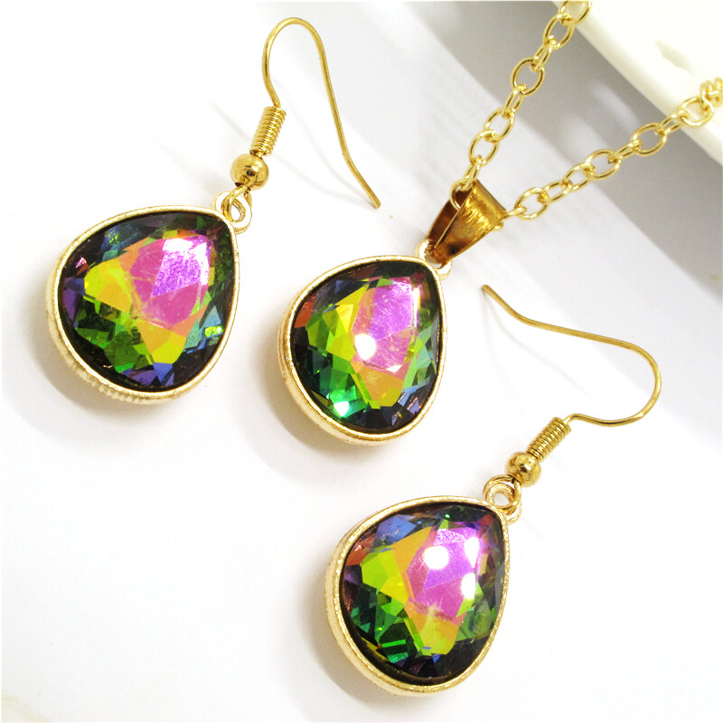 Hot Fashion Jewelry AB Colored Water Drops Crystal Chain Necklace Earrings Set
