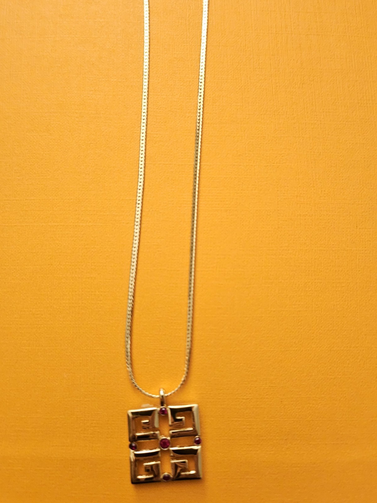 Givenchy Signed Gold Tone Herringbone Chain Square Logo Pendant Necklace