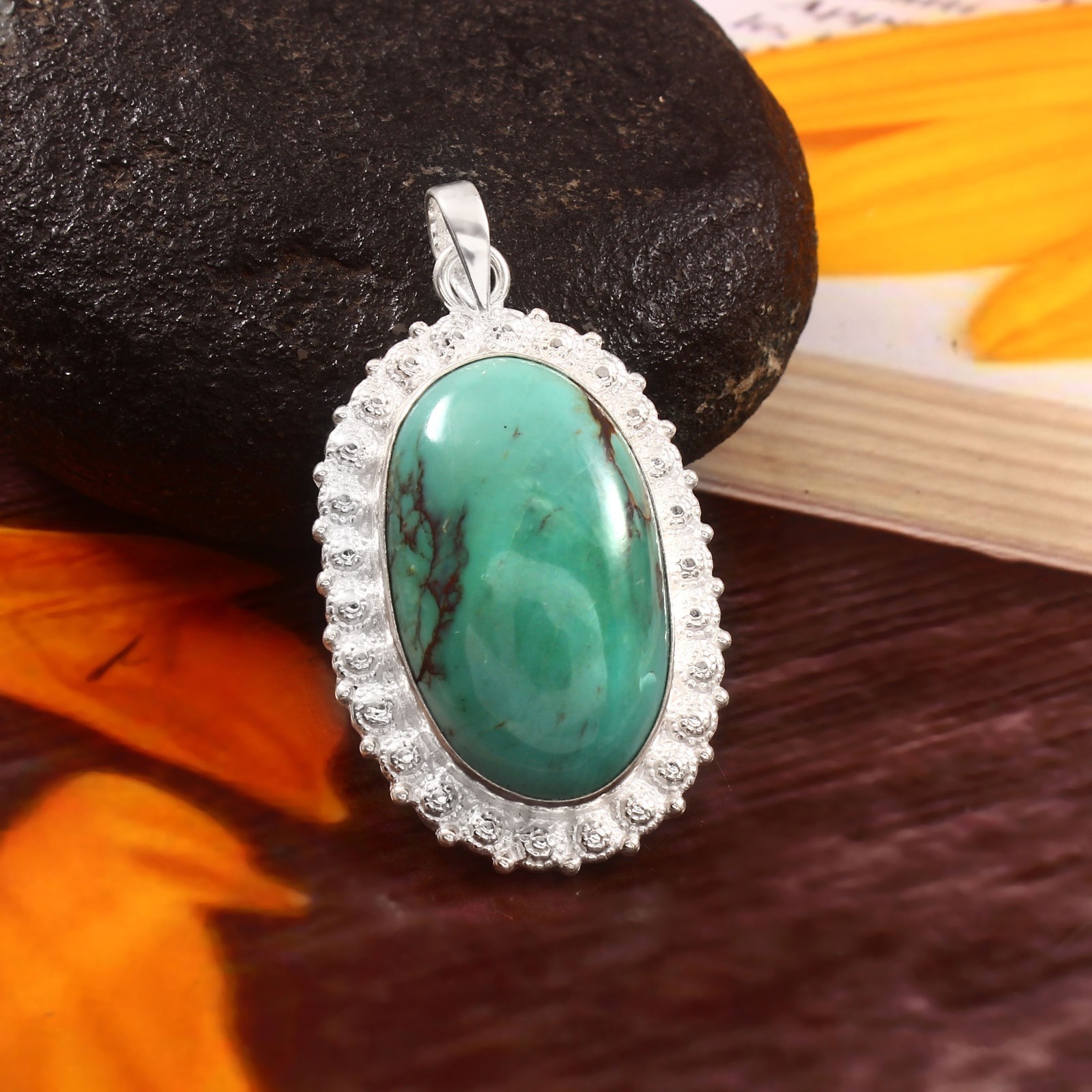 Natural Tibetan Turquoise Gemstone Pendant 925 Sterling Silver Handmade Jewelry
