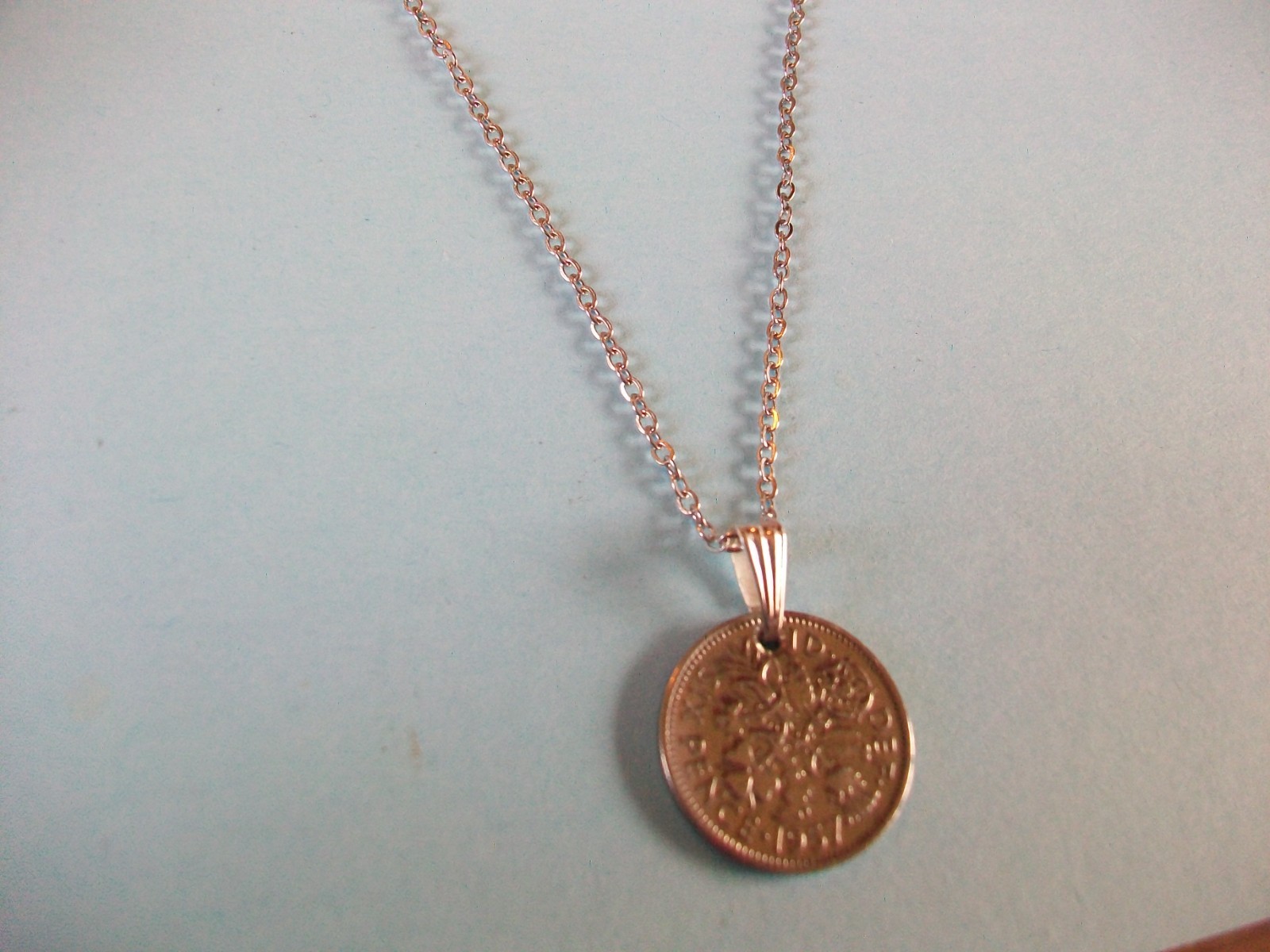 SIXPENCE COIN – SILVER FINE LINK CABLE CHAIN PENDANT NECKLACE – 1953 to 1967