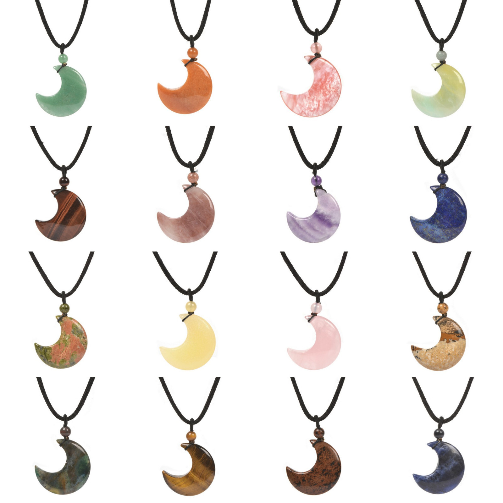 32mm Natural Gemstone Carved Crescent Moon Healing Pendant Necklace 22″