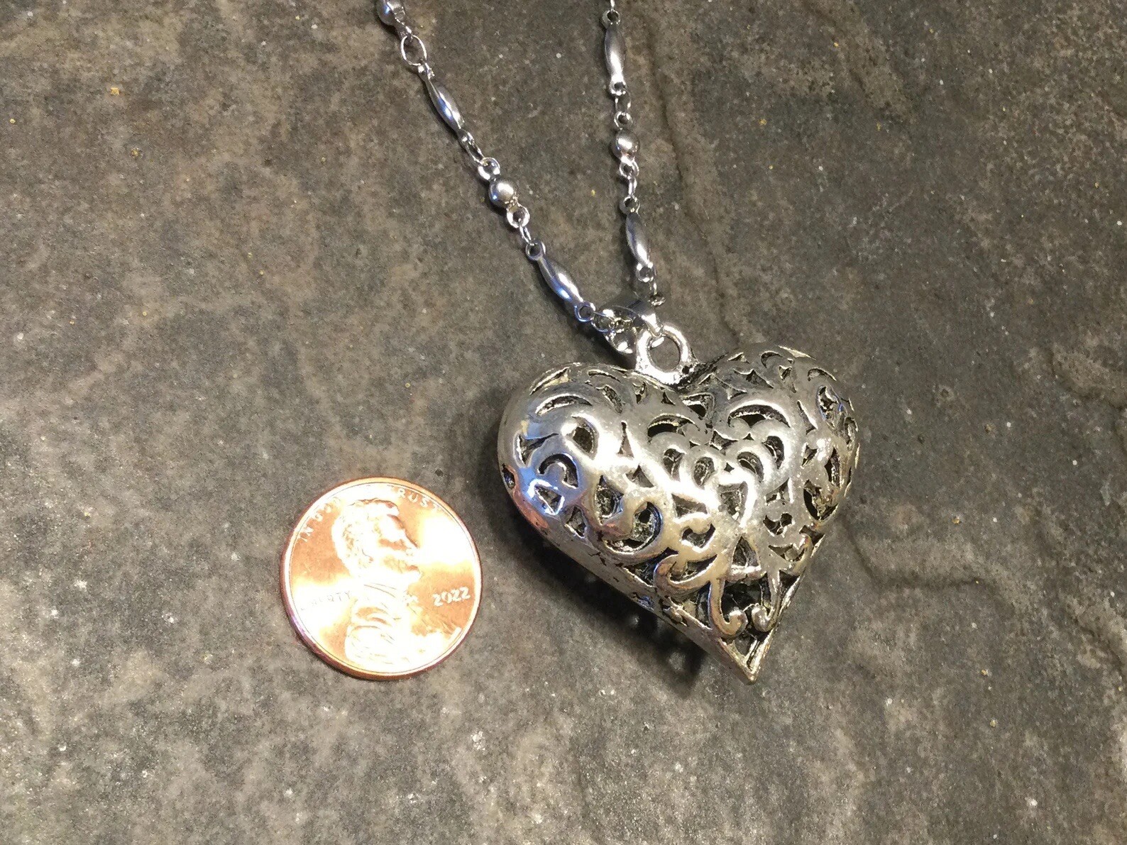 NEW Extra Long filigree heart necklace with beaded Chain 34” and Toggle Clasp