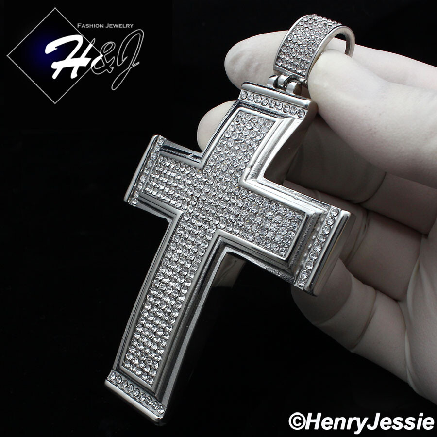18-40″MEN Stainless Steel 5mm Silver Box Link Chain BIG ICY CZ Cross Pendant*I20
