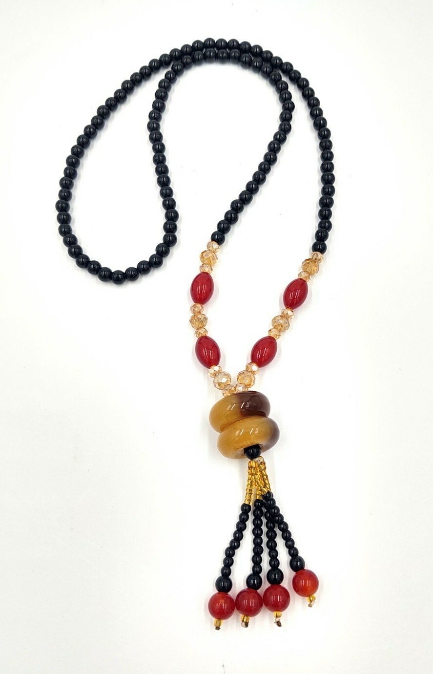 Glass Bead Crystal Stone Tassel Necklace Red Black 17.5″