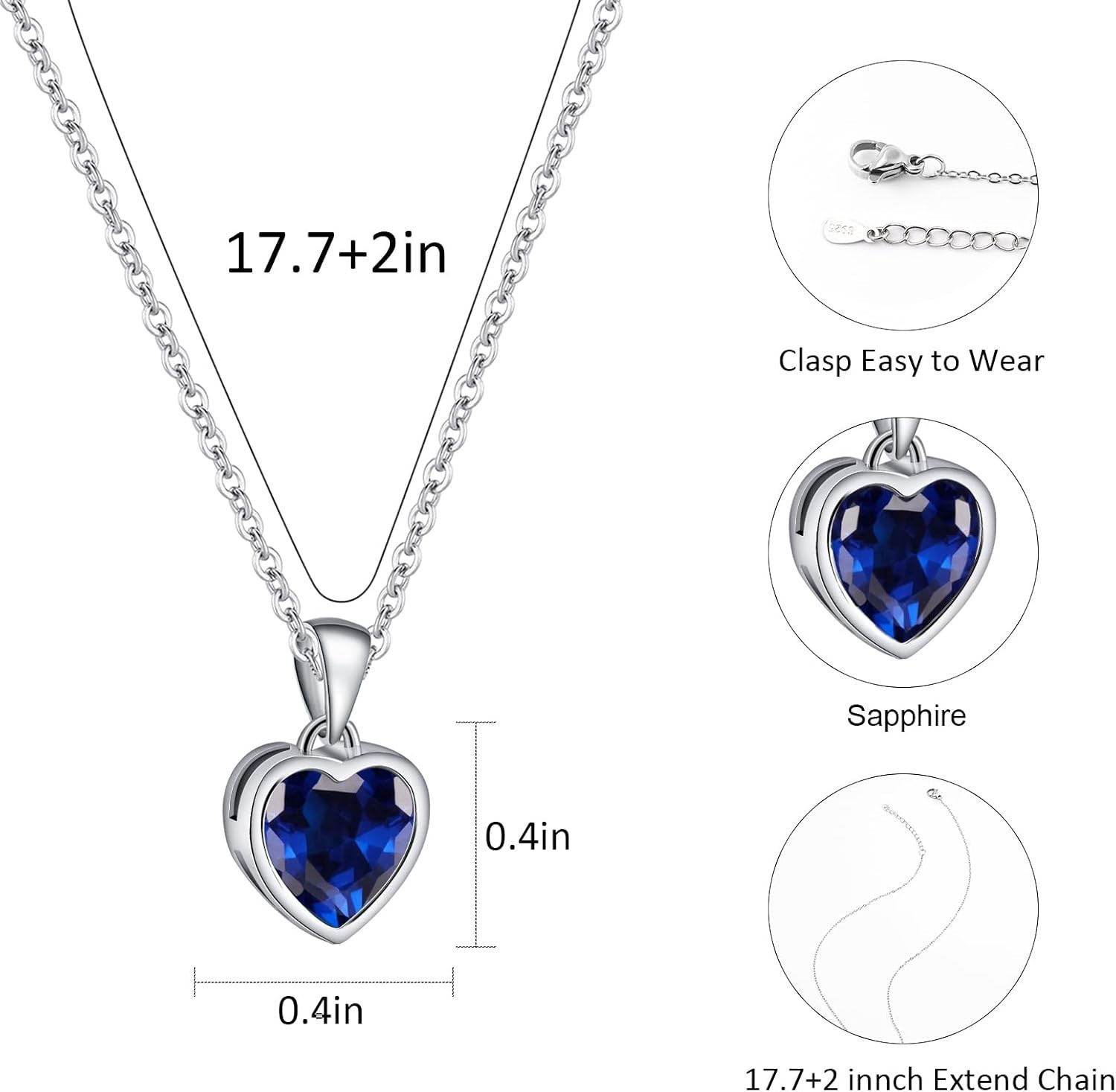 Classic Sapphire Heart Pendant Necklace in Sterling Silver – Adjustable 18-20″