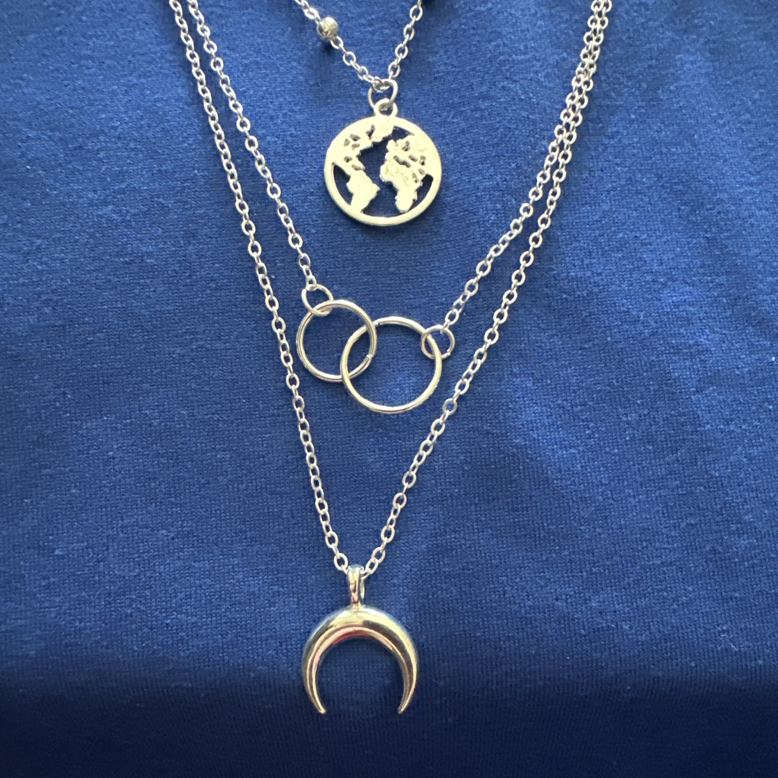 Layered Crescent Charm Necklace Silver Tone Globe Circle Adjustable chain New!